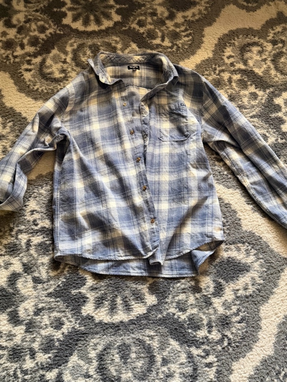 Billabong Light Blue and White Plaid Long Sleeve Shirt